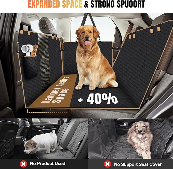 Dog Car Seat Cover for Back Seat, Hard Bottom Back Seat Extender for Dogs Holds 400lbs, Easy to Clean, Waterproof Scratch Proof Nonslip Dog Hammock for Cars SUV Truck, Black Color