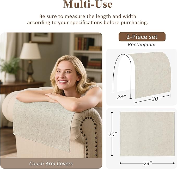 SPWIY Couch Arm Covers Linen Chair Arm Covers 2 Pieces Washable Recliner Armrest Cover for Pets Stain Resistant & Anti-Scratch Furniture Protector for Sofa, Beige, 20" W x 24" L