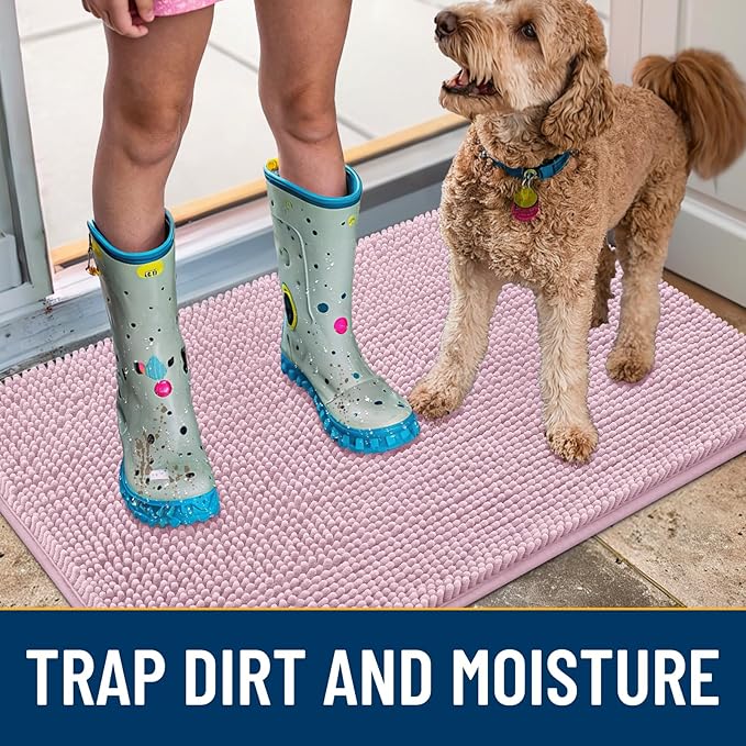 Smiry Dog Door Mat for Muddy Paws 40x32, Absorbs Moisture and Dirt Doormat, Non-Slip Washable Quick Dry Chenille Front Door Mat Indoor Entrance, Entryway Carpet for Inside Floor, Dusty Rose