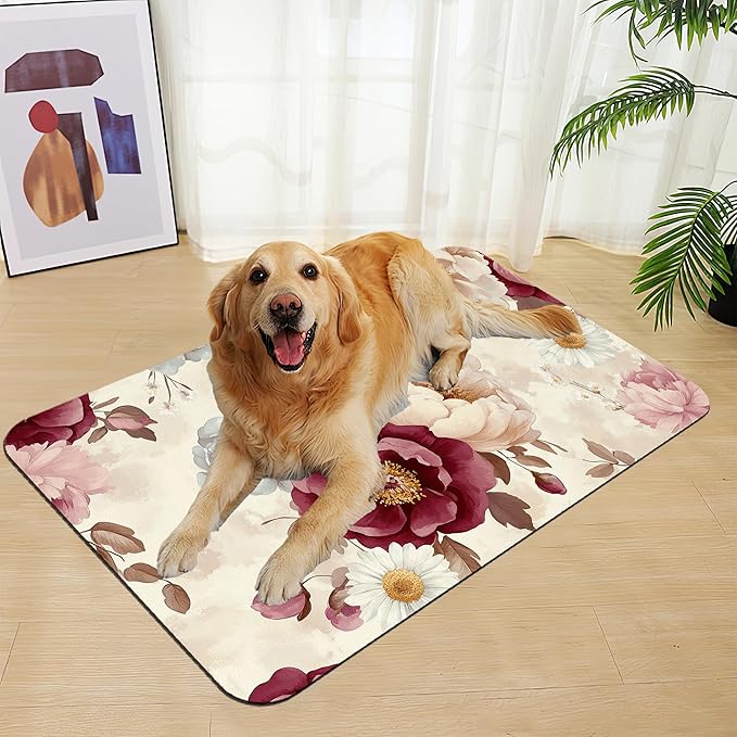 Vintage Floral Rose Pet Feeding Mat–Christmas Stocking Quick Dry Absorbent Dog Cat Food Mat, Non Slip Waterproof Bowl Placemat for Messy Eaters, Pet Accessories for Floors 16"x24"