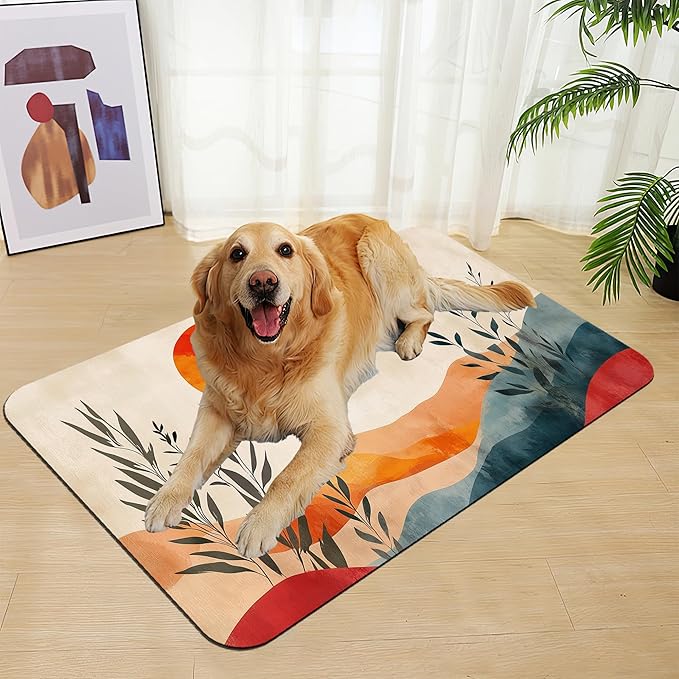 Boho Mountain Sun Pet Food Mat for Cats and Dogs–Absorbent Quick Dry Feeding Placemat, Non Slip Rubber Base, Waterproof Bowl Mat for Indoor Use, Pet Supplies 12"x20"