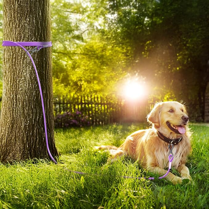 Tresbro 15FT Reflective Tie Out Cable for Dogs Up to 250 Pounds, Steel Wire Lead Leash Cable with Stainless Rotatable Buckle, Lightweight and Enduring, Dog Chains Outside for Outdoor, Yard, Purple