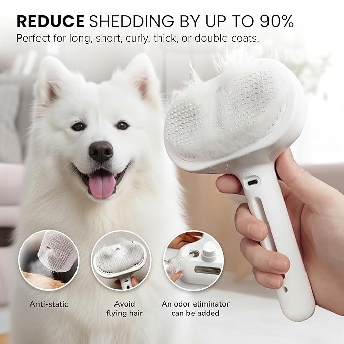 SHAZORY Pet Steam Brush for Dog & Cat - 3-in-1 Steam Grooming Brush for Shedding & Hair Removal - Self Cleaning Spray Comb with Mist for Long Haired Pets - Includes Water Refill Bottle (White)