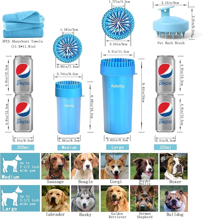 Kabetig Dog Paw Cleaner & Washer for Large/Extra Large Breeds - Muddy Paws Easy Cleaning Cup for Big Dogs - Includes 3 Absorbent Towels(Blue)