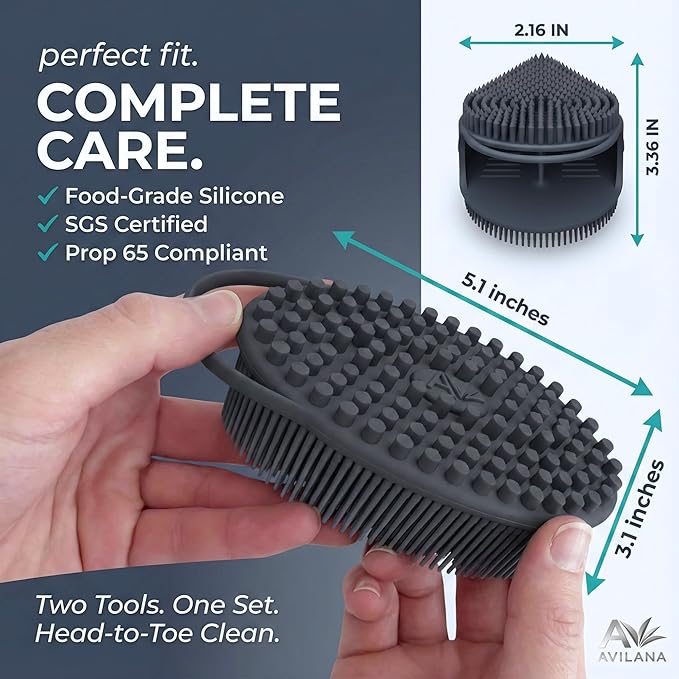 Avilana Premium Silicone Body Scrubber - 8 Years Trusted Since 2017 - SGS Certified Food Grade Dual Sided Bath Brush, Quick-Dry Exfoliating Loofah Alternative, Massage Brush Sensitive Skin Women Men