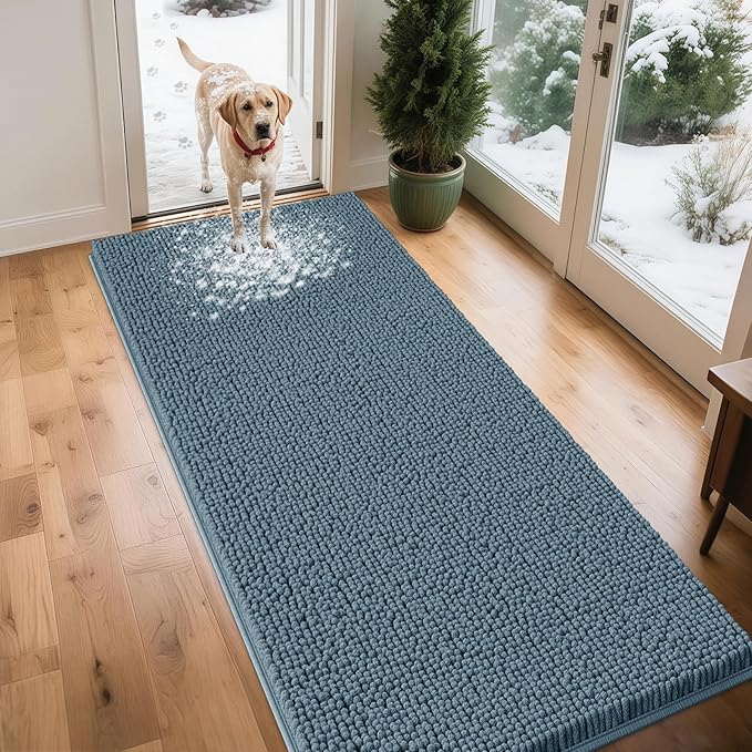 Extra Large Dog Door Mats for Muddy Paws, 71" x 25" Chenille Absorbent Mud Mat for Dogs, Non Slip Heavy Dog Rugs For Muddy Paws, Soft Indoor Door Mat for Entryway, Mud Paw, Inside Floor, Dusty Blue