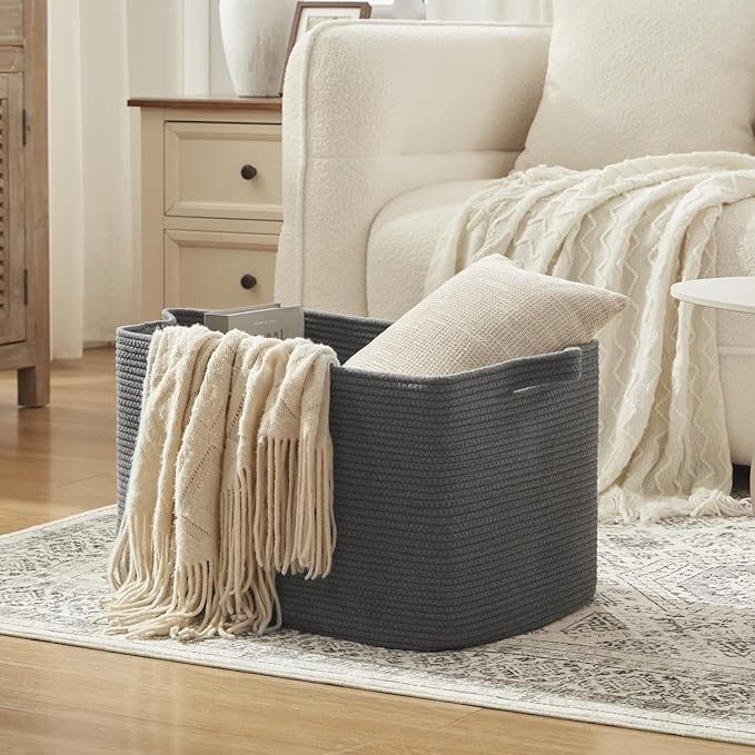 95L Large Blanket Basket, Blanket Storage Living Room, Rectangle Woven Baskets for Storage Toys, Towels, Dirty Clothes Organizer Bins (Dark Grey)