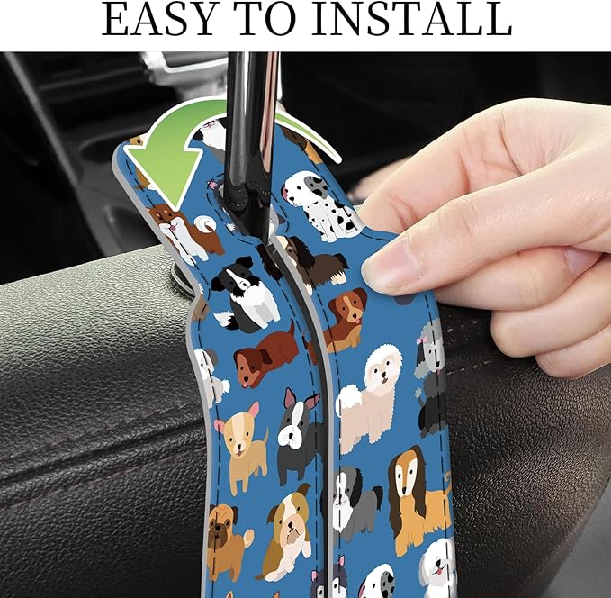PU Leather Car Seat Hook, Storage Headrest Hanger, Cute Car Backseat Organizer, Car Hooks for Purses and Bags Blue Cute Dogs