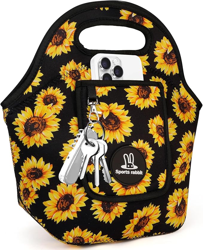 Sports rabbit Neoprene Insulated Lunch Bag for Women - Front Pocket for Phone&Keys - Reusable, Foldable, Lightweight, Waterproof, Easy to Store & Clean - Ideal for Work, Travel & Picnics (sunflower)