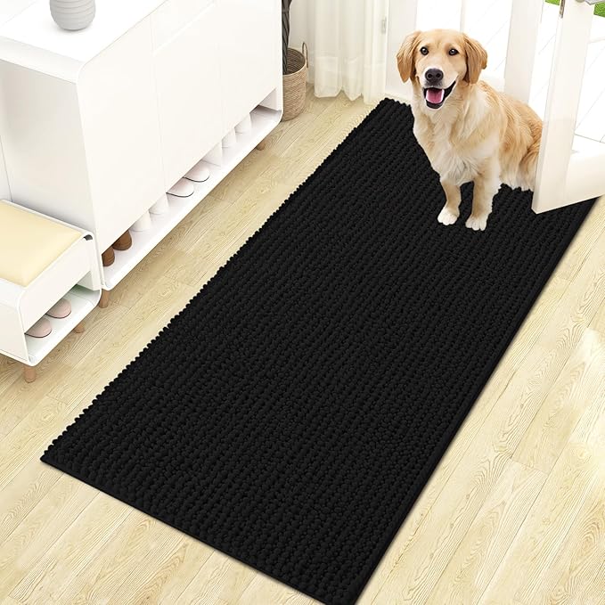 OLANLY Dog Door Mat for Muddy Paws 47x24, Ultra Absorbent Chenille Mud Doormat, Non-Slip Washable and Dirt Trapping Doormat for Indoor Entryway, Quick-Dry Indoor Pet Bed Mats for Dogs, Black