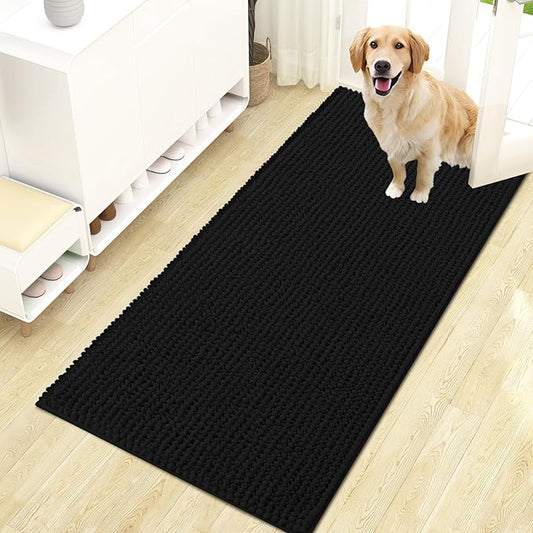 OLANLY Dog Door Mat for Muddy Paws 47x24, Ultra Absorbent Chenille Mud Doormat, Non-Slip Washable and Dirt Trapping Doormat for Indoor Entryway, Quick-Dry Indoor Pet Bed Mats for Dogs, Black