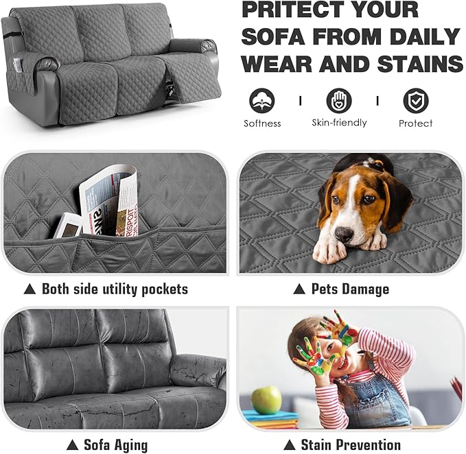 TAOCOCO 100% Waterproof Recliner Couch Covers, Recliner Sofa Covers with Leg Straps, 1-Piece Washable Reclining Sofa Cover with Pocket Couch Protector for Pets Kids(3 Seater, Grey)