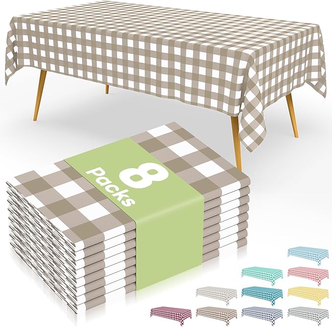Smiry 8 Packs Gingham Disposable Table Cloth, 54 x 108 Inch Waterproof Plastic Tablecloth, Rectangle Khaki and White Checkered Table Covers for Outdoor, Birthday, Party