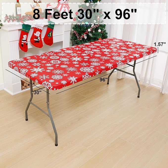 misaya Rectangle Vinyl Tablecloth, Fitted Waterproof Table Cover, Elastic Edge Flannel Backing, Plastic Table Cloth Fit 8 Foot Folding Tables for Christmas Dinner (Red Snowflake, 30x96 inch)