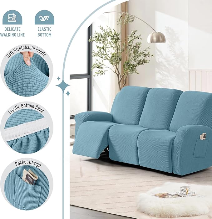 TAOCOCO Recliner Sofa Covers 8-Pieces Stretch Large Couch Covers for 3 Seats Reclining Slipcovers Soft Jacquard Pattern Furniture Protector (Dusty Blue)