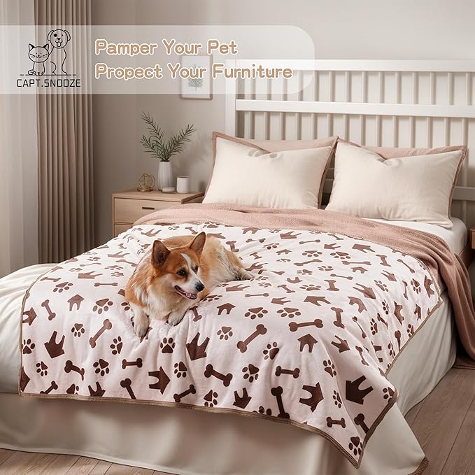 CAPT.SNOOZE Waterproof Dog Blankets Pet Blanket 60"x80", Soft Fluffy Sofa Car Bed Protector, Reversible Sherpa Fleece Dog Blanket for Large Dogs (Beige-House)