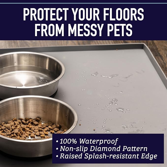 Leash Boss Waterproof Raised-Edge Dog Tray for Food & Water - Silicone Dog Food Mat, Non-Slip Pet Bowl Mat, Dishwasher-Safe Pet Placemat, XL 25 x 17 in, Gray