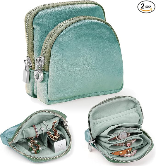 Small Travel Jewelry Case Set 2-in-1 Detachable Velvet Pouches, Portable Jewelry Organizer bag for Rings Earrings Bracelets, Gift Box for Women (Mint Green)