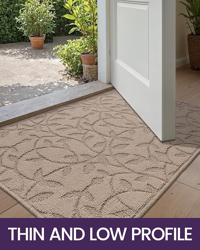 DEXI Front Door Mat Inside Entrance 24x36, Non Slip Dirt Trapper Doormat, Low Profile Thin Entry Mat, Absorbent Easy Clean Welcome Mats for Entryway, Patio, Branch Leaf Beige