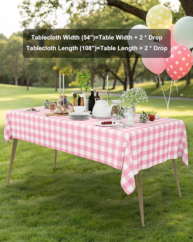Smiry 12 Packs Gingham Disposable Table Cloth, 54 x 108 Inch Waterproof Plastic Tablecloth, Rectangle Pink and White Checkered Table Covers for Picnic, Birthday, Valentines