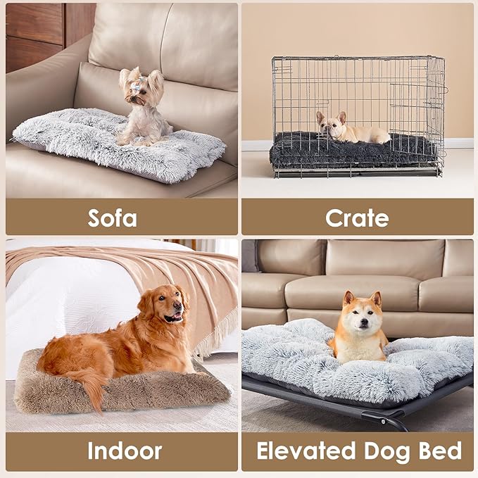 EHEYCIGA Fluffy Dog Crate Bed for Extra Large Dogs, Plush Faux Fur Crate Pad, Calming Anti Anxiety XL Dog Bed, Washable Soft Warm Mat with Non-Slip Bottom, Camel
