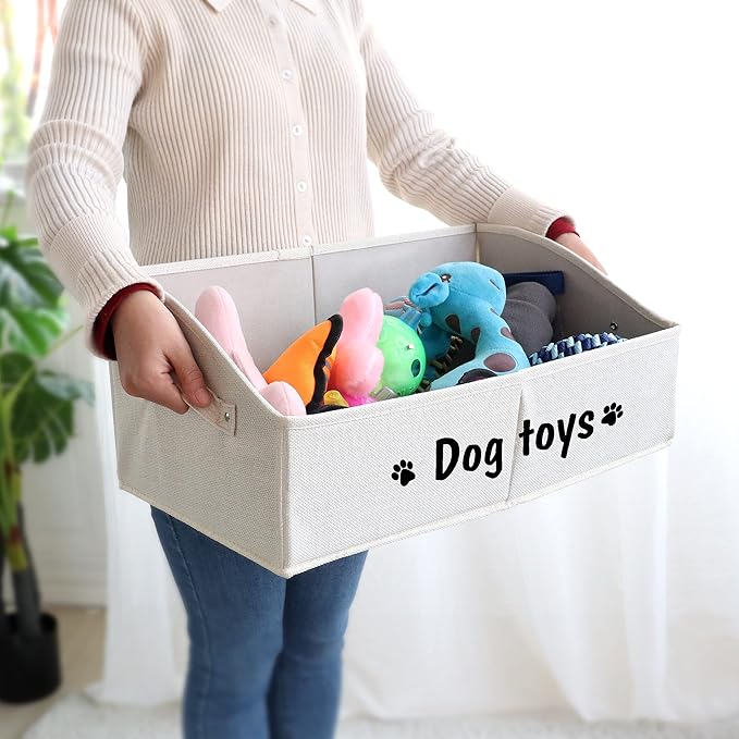 PET ARTIST Sturdy Collapsible Dog Organization and Storage Basket Accessible,Cute Dog Toy Storage with Handles,Dog Toy Box Bin Large for Chew Toys,Clothes,Squeak Toys,Beige