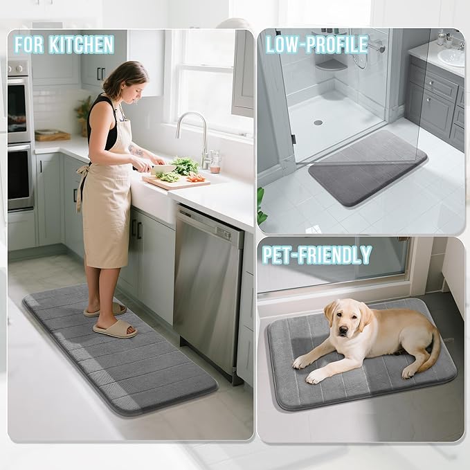 Yimobra Memory Foam Bath Mat, Super Soft Absorbent Bathroom Rug Non Slip, Quick Dry, Machine Washable Floor Carpet for Tub Shower, Home Decor Accessories, 24x17, Grey