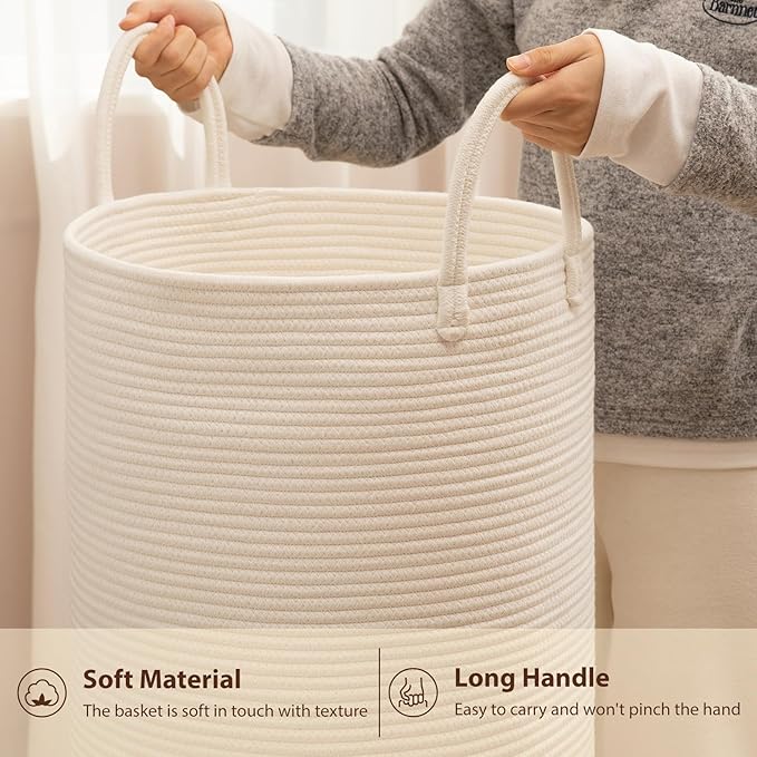 OIAHOMY Large Laundry Basket Hamper - 60L Cotton Rope Woven Basket for Blankets, Toys, Clothes - Tall Decorative Nursery Hamper with Long Handles, White