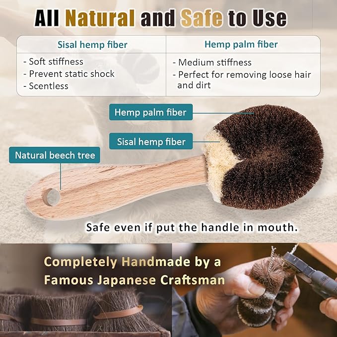 Dog Grooming Massage Tawashi Brush with Wood Handle Less Static Natural palm fiber Made in Japan (Small dog B)