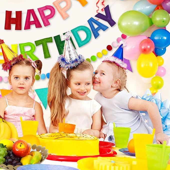 CANREVEL Pre-Strung 3D Happy Birthday Banner, 3 PCS Rainbow Happy Felt Garland, Pom Pom Garland, Triangle Fabric Bunting, Reusable Rainbow Birthday Decorations for Girls Boys Women Men