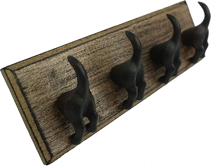Lulu Decor, Cast Iron Dog Tail Hooks 4 Hooks on a Wood