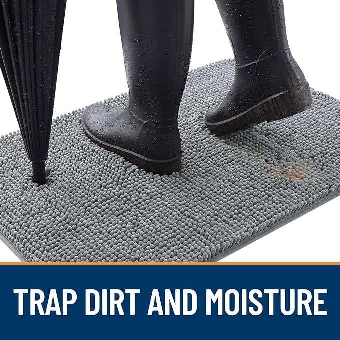 OLANLY Dog Door Mat for Muddy Paws 47x17, Absorbs Moisture and Dirt, Absorbent Non-Slip Washable Doormat, Quick Dry Chenille Mud Mat for Dogs, Entry Indoor Entryway Carpet for Inside Floor, Grey