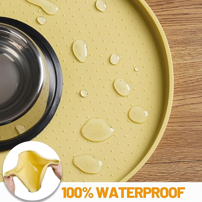 Hubulk 100% Waterproof Silicone Pet Feeding Mat with Raised Edge for Food and Water, Dog Bowl Mats, Cat Bowls Placemat with High Lip Protects Floor for Cats and Dogs (Yellow, 19" L x 12" W)