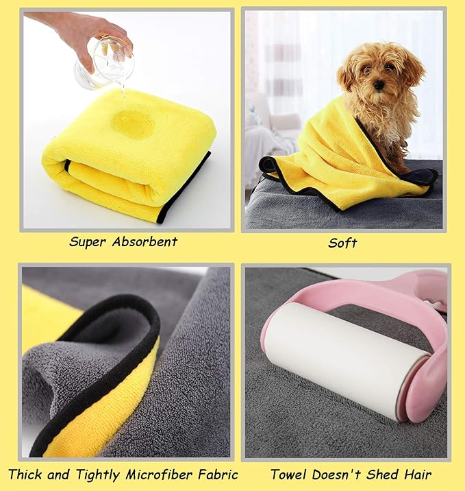 Dog Bath Towel - Super Absorbent Microfiber Dog Towel for Small Dogs and Cats, Yellow & Grey 11.8" x 23.6"