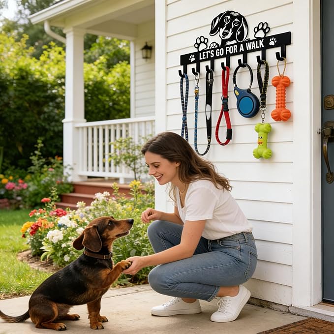 Dachshund Key & Dog Leash Holder for Wall, 7-Hook Wall Dog Storage Organizer for Entryway, Hallway, Front Door, Kitchen, Small Black Key Rack, Wall-Mounted Key Hanger, Dachshund Gifts & Decor