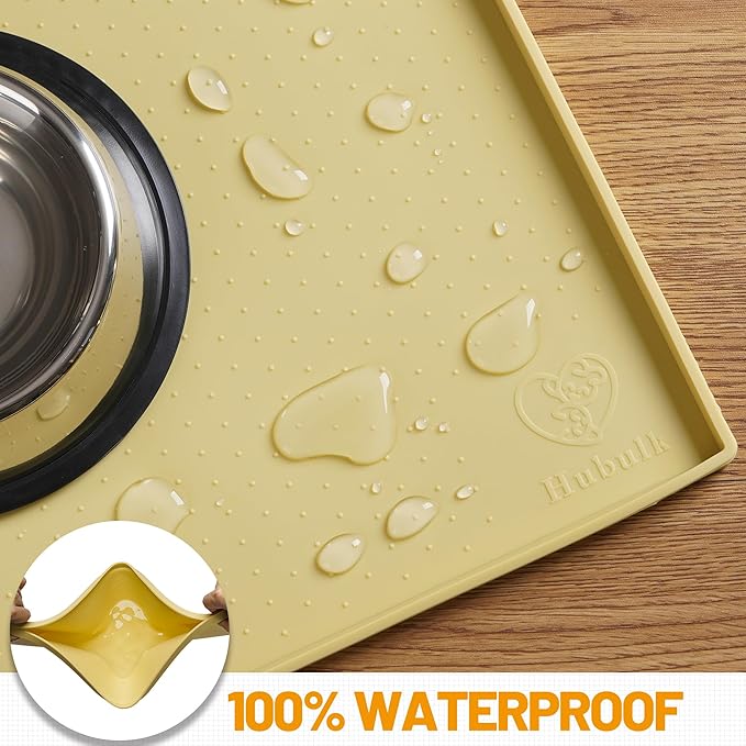 Hubulk Dog Feeding Mat,100% Waterproof Food Grade Silicone Pet Food and Water Bowl Placemat,Dishwasher, High Raised Edge to Prevent Spills,Nonslip Tray to Stop Messes on Floor (19"x12"x0.5", Yellow)