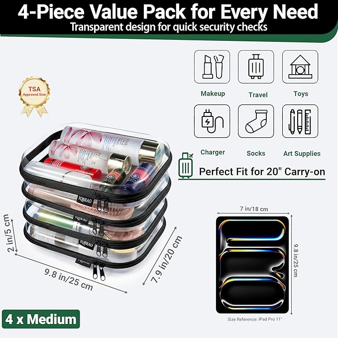 YQBRAO 4-Pack Clear Diaper Bag Organizer Pouches, 1.2mm Ultra-Thick PET Travel Pouches for Toiletries & Makeup, Rigid Self-Standing Bags with YKK Zippers, TSA Approved (Black)