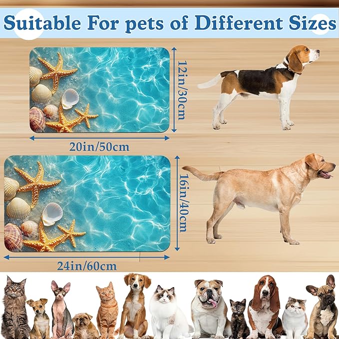 Starfish Seashell on Beach Pet Feeding Mat for Floors–Christmas Stocking Absorbent Quick Dry Dog Cat Bowl Mat for Food and Water, Non Slip Waterproof Base, Mess-Free Feeding Accessories 16"x24"