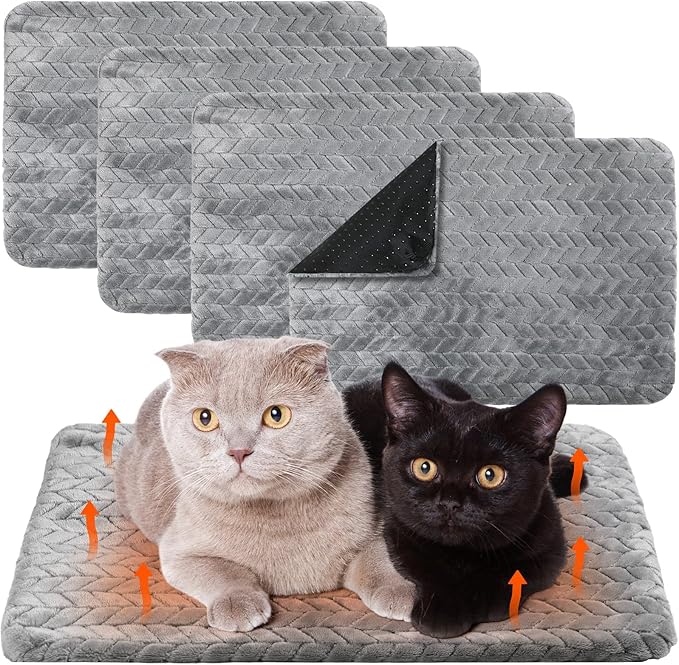 Drydiet 4 Pack Self Heating Cat Pad Self Warming Cat Bed Non Slip Warm Dog Pad Mat Washable Pet Kennel Crate Bed Mat for Indoor Outdoor Pets (Gray,20 x 28 Inch)