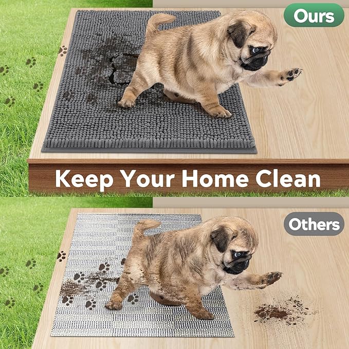 Dog Door Mat for Muddy Paws, Pet Rug Chenille Absorbent Outdoor Doormat 48"x 30", Non Slip Heavy Indoor Doormat Soft Front Inside Doormats for Entryway, Mud Paws, Patio,Dog Paw Black Grey