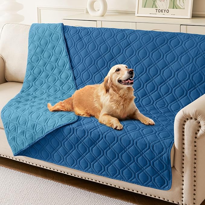 hyha Waterproof Dog Bed Blanket, Soft Pet Blankets, Waterproof Couch Cover for Dogs, Reversible Sofa Covers Washable for Furniture (52x82 Inch, Navy Blue/Blue)