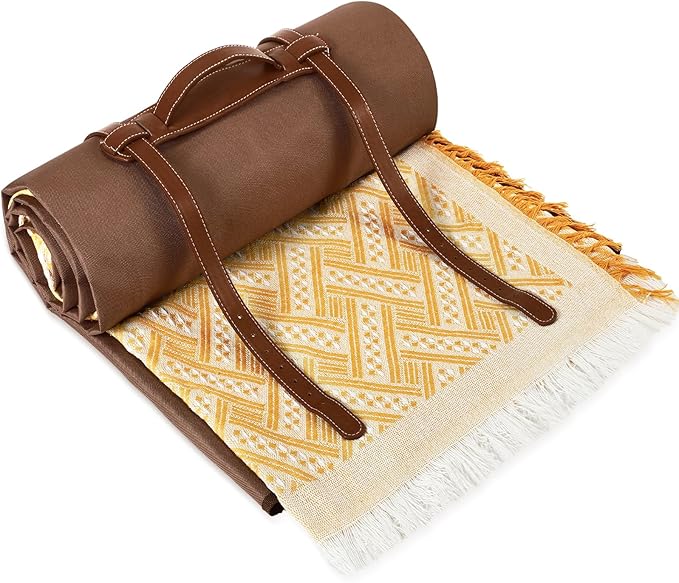 VitalCozy Waterproof Picnic Blankets Outdoor Blanket Foldable 2 in 1 Double Layer Sandproof Beach Mat with Carry Strap for Camping Lawn Park Beach Grass (Yellow White)