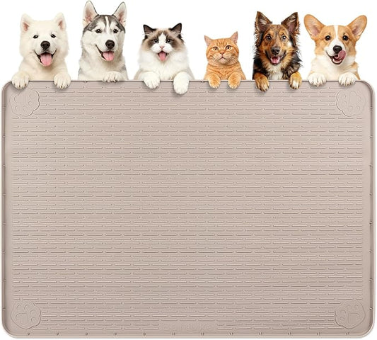 Bartuke Dog Food Mat, Extra Large 57" x 40" Silicone Pet Feeding Mat with Raised Edge Pet Placemat for Small, Medium, and Large Pets Non-Slip, Easy to Clean (Khaki)