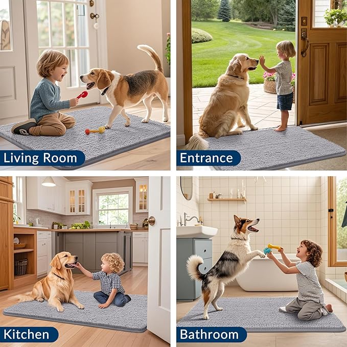 Smiry Dog Door Mat for Muddy Paws 48x30, Absorbs Moisture and Dirt Doormat, Non-Slip Washable Quick Dry Chenille Front Door Mat Indoor Entrance, Entryway Carpet for Inside Floor, Light Grey