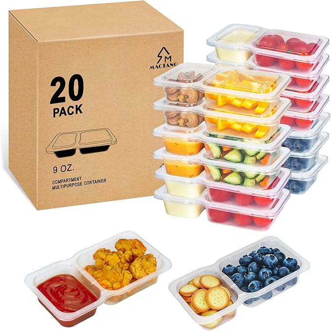 MACTANO 9 OZ Reusable Snack Containers with Lids, New Double Compartment Condiment Snack Pack Containers 20 Sets