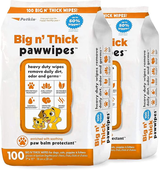 Petkin Big N' Thick Paw Wipes for Dogs, 200 Large Wipes - Clean Dirty Paws After Walks, with Paw Balm Protectant - Keep Floors and Furniture Clean - Ideal for Home or Travel - 2 Packs of 100 Wipes