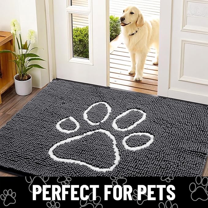 Smiry Dog Door Mat for Muddy Paws, Absorbent Dirt Trapper Non Slip Quick Dry Washable Chenille Mat for Mud Dogs, Entry Rug for Indoor and Outdoor (30x20 Inches, Dark Grey and White)