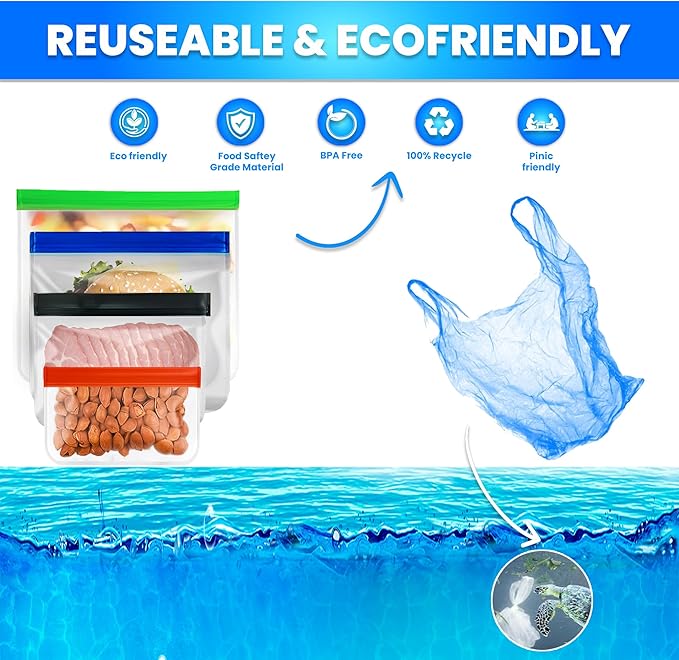 12-Pack Reusable Silicone Gallon Ziplock Freezer Bags – Extra Thick, BPA-Free, Leakproof, Stand-Up & Dishwasher Safe – Large Food Storage Bags for Meal Prep, Marinating, Travel & Kitchen Organization