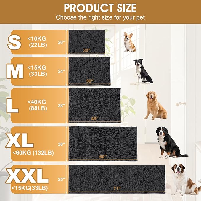 2 Pieces Muddy Door Mats for Dogs, 36" X 24" Chenille Absorbent Doormat, Trap Dirt Non Slip Heavy Indoor Doormat Soft Dog Bed Mat Front Inside Door Mat for Indoor Outdoor Entrance,Dark Grey