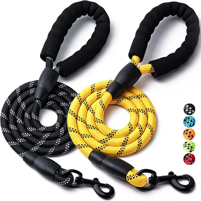 2 Pack Dog Leash, 4/5//6 FT Heavy Duty Nylon Rope Pet Leashes with Comfortable Padded Handle, Reflective Dog Leashes for Small Medium and Large Dogs (4FT-1/2,Black/Yellow)